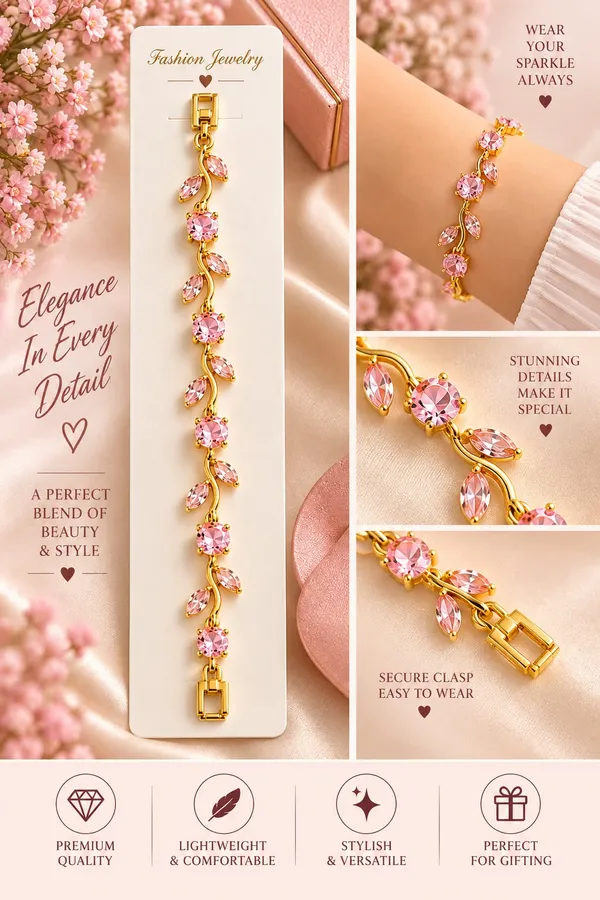 Elegant_Gold_Tone_Pink_Crystal_Leaf_Vine_Bracelet_For_Women_With_Sparkling_Round_And_Marquise_Stones_Floral_Inspired_Fashion_Jewellery_For_Party_Wedding_Festive_And_Everyday_Wear