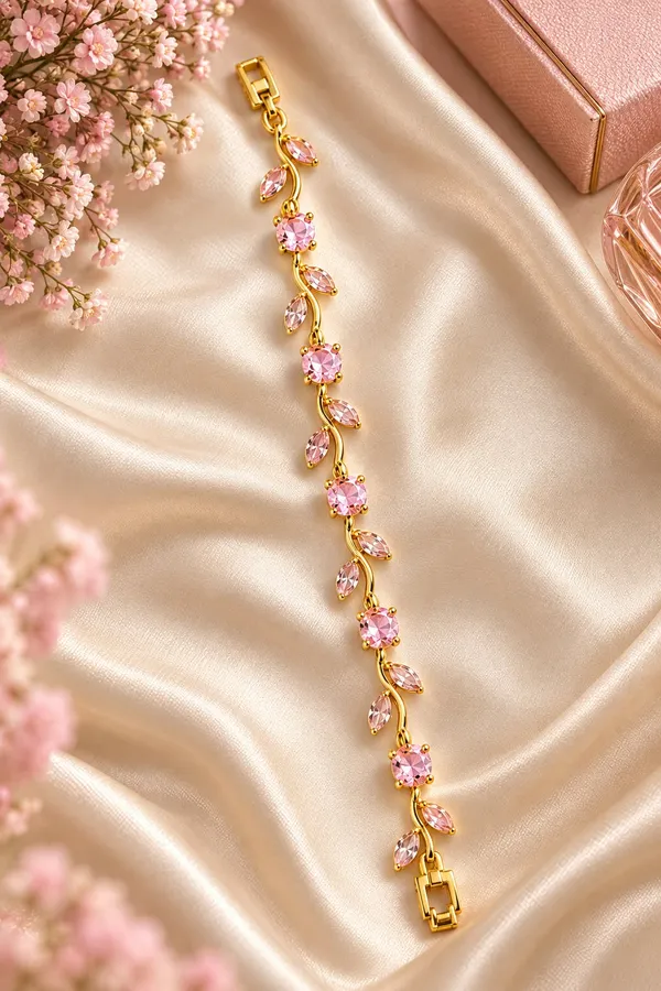 Elegant_Gold_Tone_Pink_Crystal_Leaf_Vine_Bracelet_For_Women_With_Sparkling_Round_And_Marquise_Stones_Floral_Inspired_Fashion_Jewellery_For_Party_Wedding_Festive_And_Everyday_Wear