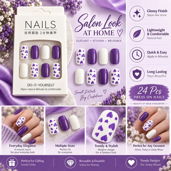 24_Pcs_Purple_Heart_Press_On_Nails_For_Women_Glossy_White_And_Purple_Artificial_Nails_With_Cute_Heart_Pattern_Design_Trendy_Diy_Manicure_Set_For_Party_Date_Wedding_And_Everyday_Wear