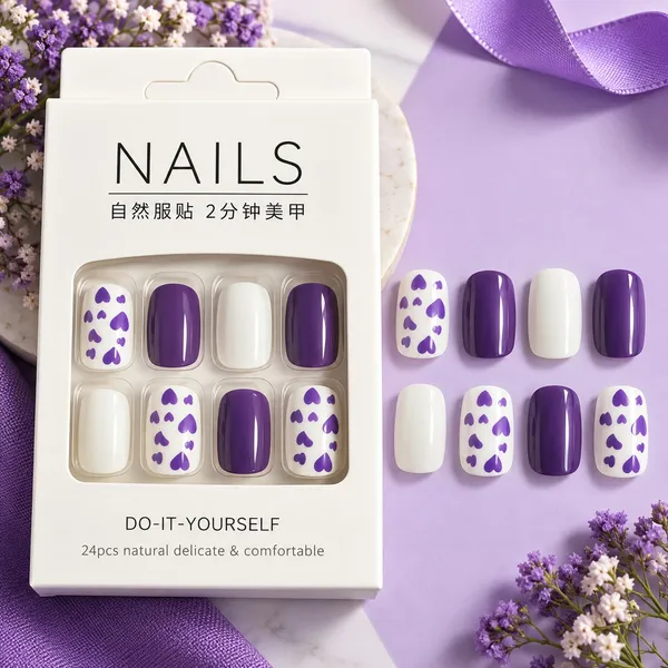 24_Pcs_Purple_Heart_Press_On_Nails_For_Women_Glossy_White_And_Purple_Artificial_Nails_With_Cute_Heart_Pattern_Design_Trendy_Diy_Manicure_Set_For_Party_Date_Wedding_And_Everyday_Wear
