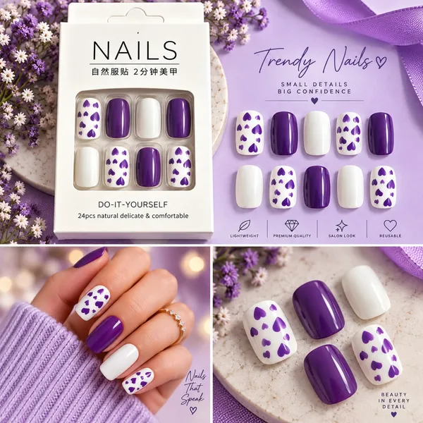 24_Pcs_Purple_Heart_Press_On_Nails_For_Women_Glossy_White_And_Purple_Artificial_Nails_With_Cute_Heart_Pattern_Design_Trendy_Diy_Manicure_Set_For_Party_Date_Wedding_And_Everyday_Wear