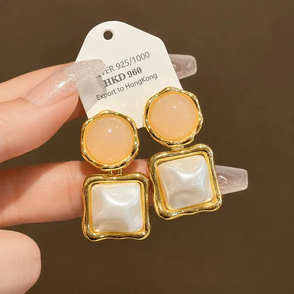Elegant_Gold_Tone_Square_Drop_Earrings_For_Women_With_Glossy_Peach_Round_Studs_And_Mother_Of_Pearl_Style_Square_Charms_Trendy_Fashion_Jewellery_For_Party_Festive_Wedding_And_Special_Occasion_Wear