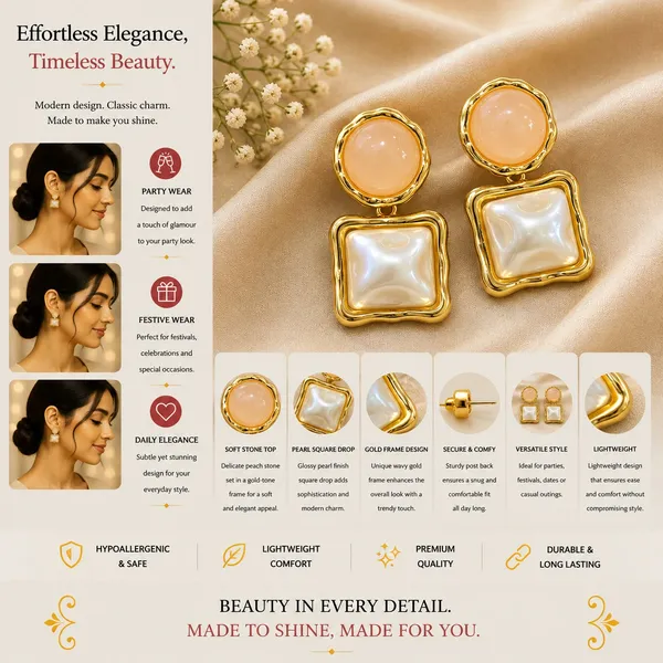 Elegant_Gold_Tone_Square_Drop_Earrings_For_Women_With_Glossy_Peach_Round_Studs_And_Mother_Of_Pearl_Style_Square_Charms_Trendy_Fashion_Jewellery_For_Party_Festive_Wedding_And_Special_Occasion_Wear
