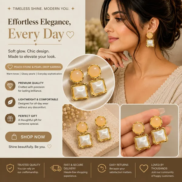 Elegant_Gold_Tone_Square_Drop_Earrings_For_Women_With_Glossy_Peach_Round_Studs_And_Mother_Of_Pearl_Style_Square_Charms_Trendy_Fashion_Jewellery_For_Party_Festive_Wedding_And_Special_Occasion_Wear