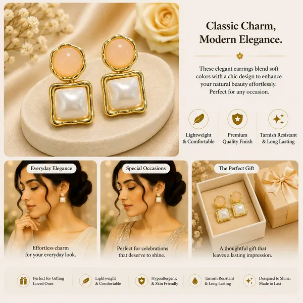 Elegant_Gold_Tone_Square_Drop_Earrings_For_Women_With_Glossy_Peach_Round_Studs_And_Mother_Of_Pearl_Style_Square_Charms_Trendy_Fashion_Jewellery_For_Party_Festive_Wedding_And_Special_Occasion_Wear