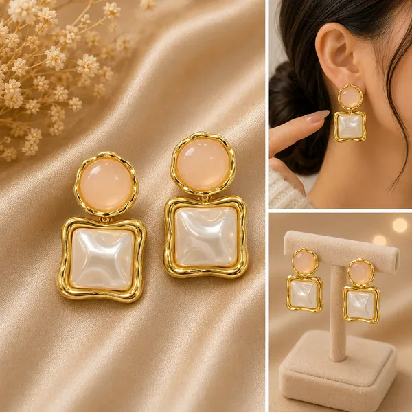 Elegant_Gold_Tone_Square_Drop_Earrings_For_Women_With_Glossy_Peach_Round_Studs_And_Mother_Of_Pearl_Style_Square_Charms_Trendy_Fashion_Jewellery_For_Party_Festive_Wedding_And_Special_Occasion_Wear