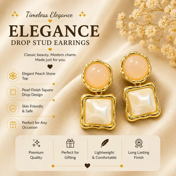 Elegant_Gold_Tone_Square_Drop_Earrings_For_Women_With_Glossy_Peach_Round_Studs_And_Mother_Of_Pearl_Style_Square_Charms_Trendy_Fashion_Jewellery_For_Party_Festive_Wedding_And_Special_Occasion_Wear