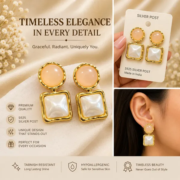 Elegant_Gold_Tone_Square_Drop_Earrings_For_Women_With_Glossy_Peach_Round_Studs_And_Mother_Of_Pearl_Style_Square_Charms_Trendy_Fashion_Jewellery_For_Party_Festive_Wedding_And_Special_Occasion_Wear