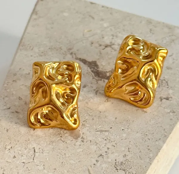 Elegant_Gold_Tone_Abstract_Textured_Rectangle_Stud_Earrings_For_Women_Chunky_Statement_Jewellery_For_Party_Wedding_Festive_And_Stylish_Everyday_Wear