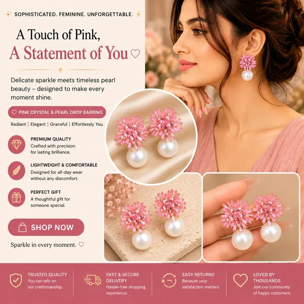 Elegant_Pink_Crystal_Pearl_Drop_Earrings_For_Women_Sparkling_Floral_Cluster_Design_With_Radiant_Pink_Stones_And_Large_White_Pearl_Drops_Trendy_Statement_Fashion_Jewellery_For_Party_Wedding_Festive_And_Special_Occasion_Wear