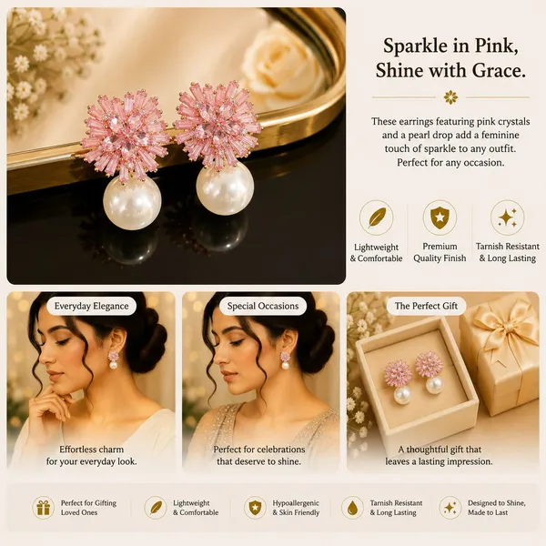 Elegant_Pink_Crystal_Pearl_Drop_Earrings_For_Women_Sparkling_Floral_Cluster_Design_With_Radiant_Pink_Stones_And_Large_White_Pearl_Drops_Trendy_Statement_Fashion_Jewellery_For_Party_Wedding_Festive_And_Special_Occasion_Wear
