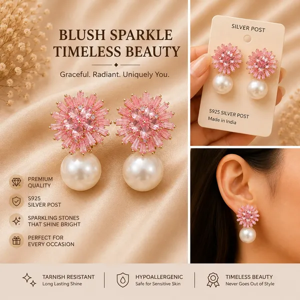 Elegant_Pink_Crystal_Pearl_Drop_Earrings_For_Women_Sparkling_Floral_Cluster_Design_With_Radiant_Pink_Stones_And_Large_White_Pearl_Drops_Trendy_Statement_Fashion_Jewellery_For_Party_Wedding_Festive_And_Special_Occasion_Wear