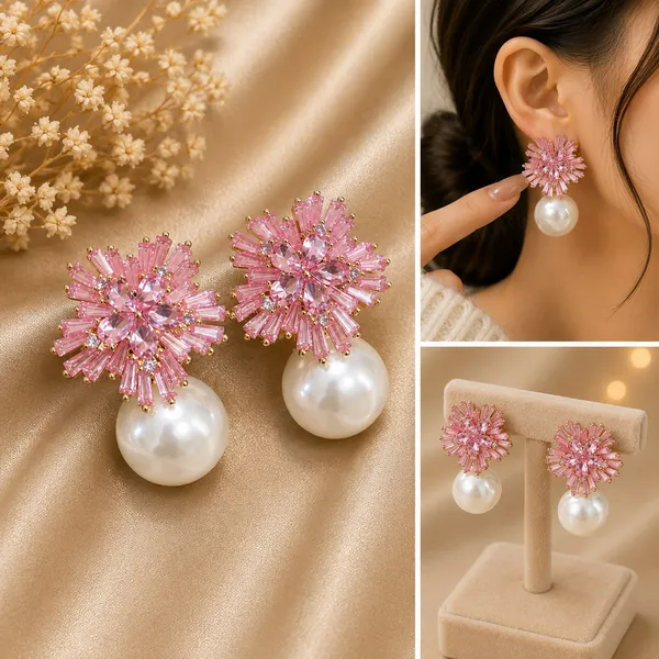 Elegant_Pink_Crystal_Pearl_Drop_Earrings_For_Women_Sparkling_Floral_Cluster_Design_With_Radiant_Pink_Stones_And_Large_White_Pearl_Drops_Trendy_Statement_Fashion_Jewellery_For_Party_Wedding_Festive_And_Special_Occasion_Wear