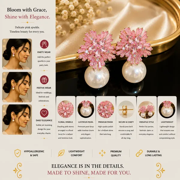 Elegant_Pink_Crystal_Pearl_Drop_Earrings_For_Women_Sparkling_Floral_Cluster_Design_With_Radiant_Pink_Stones_And_Large_White_Pearl_Drops_Trendy_Statement_Fashion_Jewellery_For_Party_Wedding_Festive_And_Special_Occasion_Wear