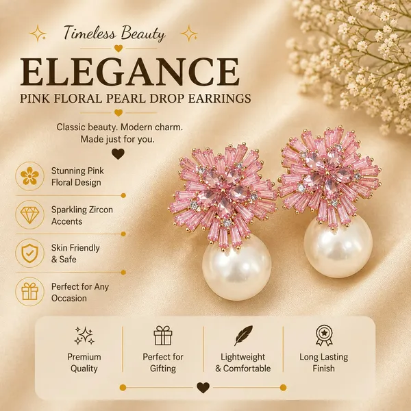 Elegant_Pink_Crystal_Pearl_Drop_Earrings_For_Women_Sparkling_Floral_Cluster_Design_With_Radiant_Pink_Stones_And_Large_White_Pearl_Drops_Trendy_Statement_Fashion_Jewellery_For_Party_Wedding_Festive_And_Special_Occasion_Wear