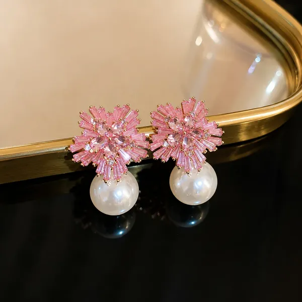 Elegant_Pink_Crystal_Pearl_Drop_Earrings_For_Women_Sparkling_Floral_Cluster_Design_With_Radiant_Pink_Stones_And_Large_White_Pearl_Drops_Trendy_Statement_Fashion_Jewellery_For_Party_Wedding_Festive_And_Special_Occasion_Wear