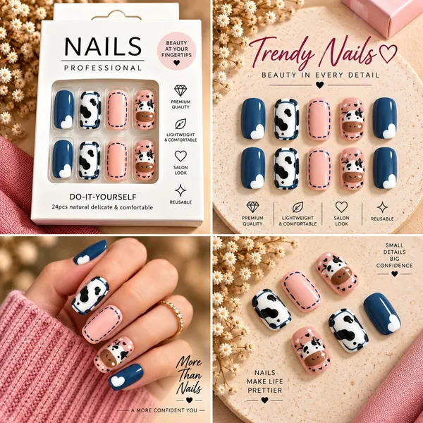 24_Pcs_Cow_Print_Press_On_Nails_For_Women_Cute_Pink_Blue_Cow_Pattern_Artificial_Nails_Adorable_Farm_Animal_Design_Glossy_Diy_Manicure_Nail_Set