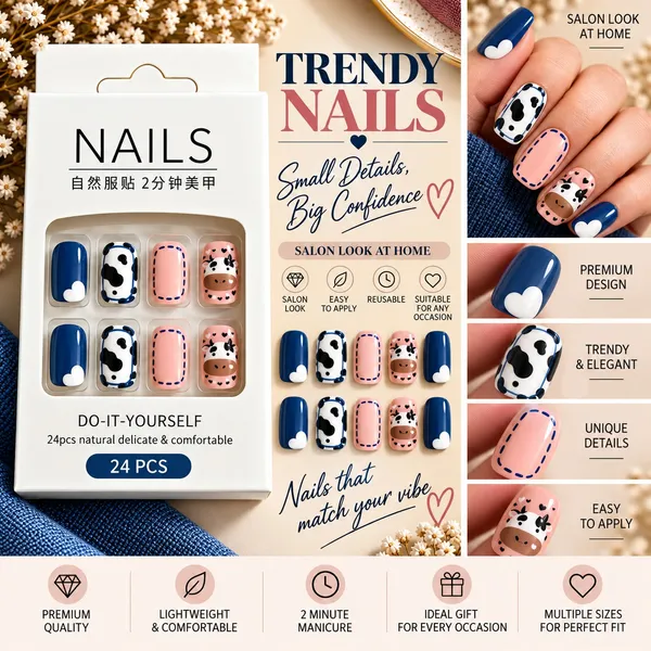 24_Pcs_Cow_Print_Press_On_Nails_For_Women_Cute_Pink_Blue_Cow_Pattern_Artificial_Nails_Adorable_Farm_Animal_Design_Glossy_Diy_Manicure_Nail_Set
