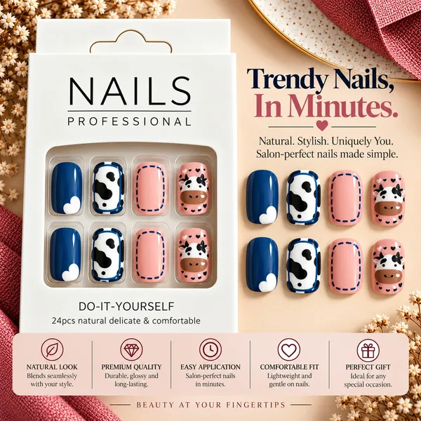 24_Pcs_Cow_Print_Press_On_Nails_For_Women_Cute_Pink_Blue_Cow_Pattern_Artificial_Nails_Adorable_Farm_Animal_Design_Glossy_Diy_Manicure_Nail_Set