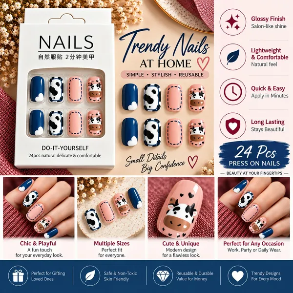24_Pcs_Cow_Print_Press_On_Nails_For_Women_Cute_Pink_Blue_Cow_Pattern_Artificial_Nails_Adorable_Farm_Animal_Design_Glossy_Diy_Manicure_Nail_Set