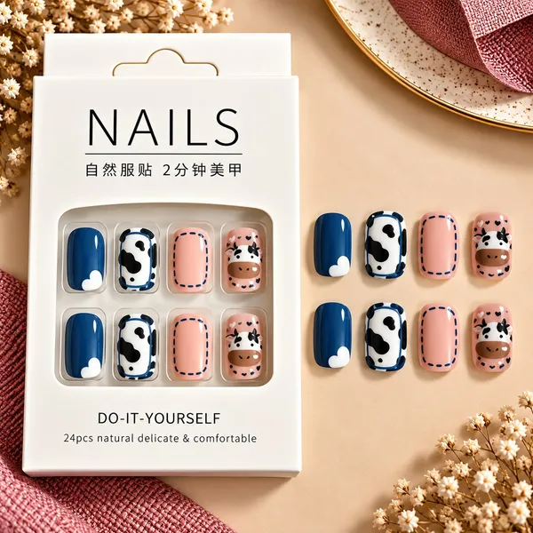 24_Pcs_Cow_Print_Press_On_Nails_For_Women_Cute_Pink_Blue_Cow_Pattern_Artificial_Nails_Adorable_Farm_Animal_Design_Glossy_Diy_Manicure_Nail_Set