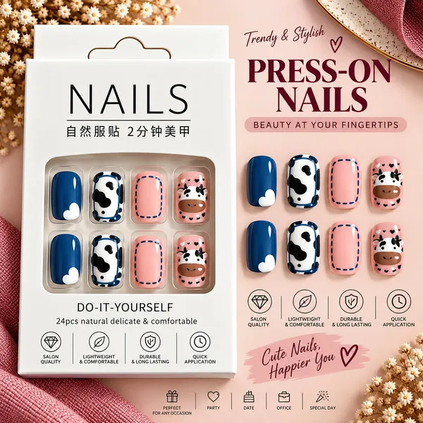 24_Pcs_Cow_Print_Press_On_Nails_For_Women_Cute_Pink_Blue_Cow_Pattern_Artificial_Nails_Adorable_Farm_Animal_Design_Glossy_Diy_Manicure_Nail_Set