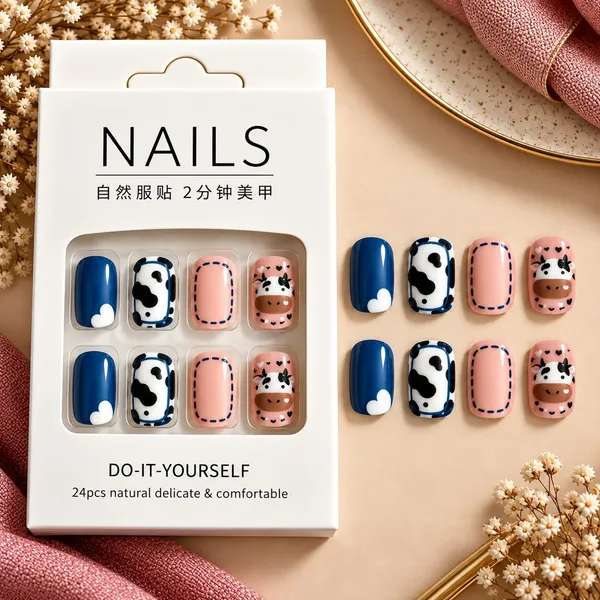 24_Pcs_Cow_Print_Press_On_Nails_For_Women_Cute_Pink_Blue_Cow_Pattern_Artificial_Nails_Adorable_Farm_Animal_Design_Glossy_Diy_Manicure_Nail_Set