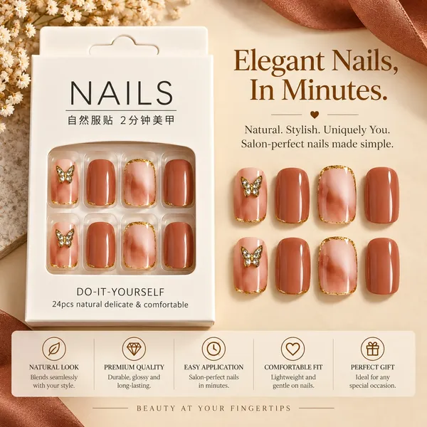24_Pcs_Brown_Butterfly_Press_On_Nails_For_Women_Glossy_Nude_And_Chocolate_Brown_Artificial_Nails_With_Gold_Border_And_Butterfly_Rhinestone_Designs_Elegant_Diy_Manicure_Set