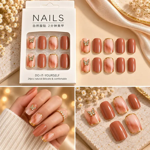 24_Pcs_Brown_Butterfly_Press_On_Nails_For_Women_Glossy_Nude_And_Chocolate_Brown_Artificial_Nails_With_Gold_Border_And_Butterfly_Rhinestone_Designs_Elegant_Diy_Manicure_Set