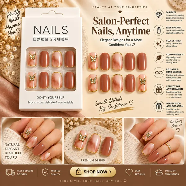 24_Pcs_Brown_Butterfly_Press_On_Nails_For_Women_Glossy_Nude_And_Chocolate_Brown_Artificial_Nails_With_Gold_Border_And_Butterfly_Rhinestone_Designs_Elegant_Diy_Manicure_Set