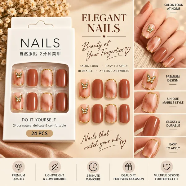 24_Pcs_Brown_Butterfly_Press_On_Nails_For_Women_Glossy_Nude_And_Chocolate_Brown_Artificial_Nails_With_Gold_Border_And_Butterfly_Rhinestone_Designs_Elegant_Diy_Manicure_Set