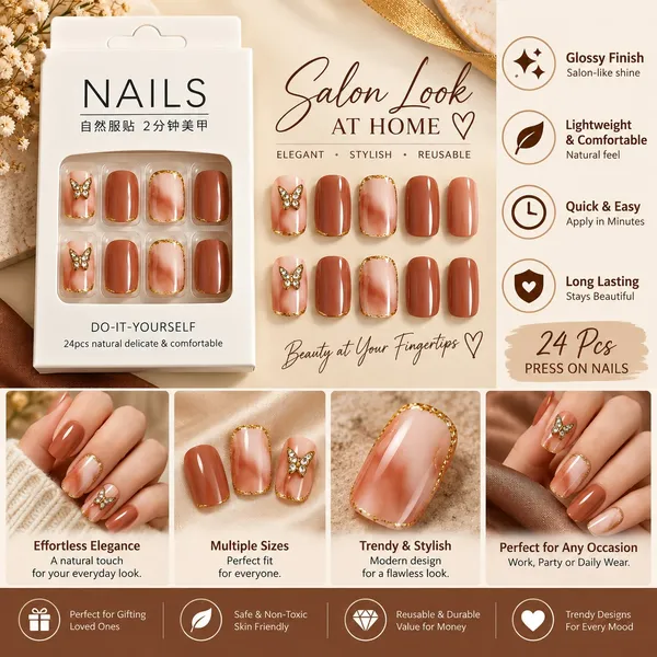 24_Pcs_Brown_Butterfly_Press_On_Nails_For_Women_Glossy_Nude_And_Chocolate_Brown_Artificial_Nails_With_Gold_Border_And_Butterfly_Rhinestone_Designs_Elegant_Diy_Manicure_Set