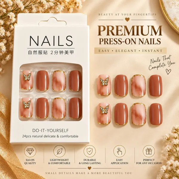 24_Pcs_Brown_Butterfly_Press_On_Nails_For_Women_Glossy_Nude_And_Chocolate_Brown_Artificial_Nails_With_Gold_Border_And_Butterfly_Rhinestone_Designs_Elegant_Diy_Manicure_Set