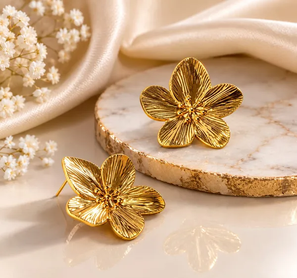 Elegant_Gold_Tone_Flower_Stud_Earrings_For_Women_Textured_Floral_Statement_Jewellery_For_Party_Wedding_Festive_Ethnic_And_Stylish_Everyday_Wear