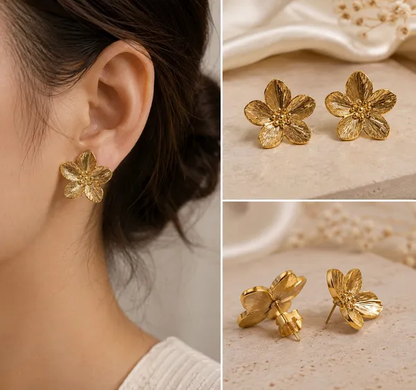 Elegant_Gold_Tone_Flower_Stud_Earrings_For_Women_Textured_Floral_Statement_Jewellery_For_Party_Wedding_Festive_Ethnic_And_Stylish_Everyday_Wear