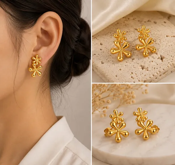 Elegant_Gold_Tone_Double_Flower_Drop_Earrings_For_Women_Floral_Statement_Jewellery_For_Party_Wedding_Festive_Ethnic_And_Stylish_Occasion_Wear