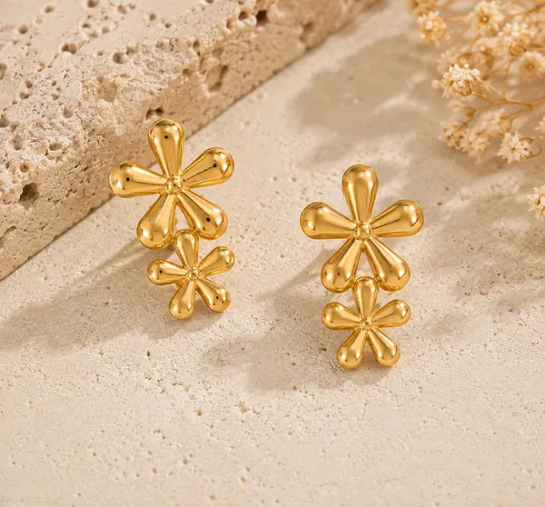 Elegant_Gold_Tone_Double_Flower_Drop_Earrings_For_Women_Floral_Statement_Jewellery_For_Party_Wedding_Festive_Ethnic_And_Stylish_Occasion_Wear