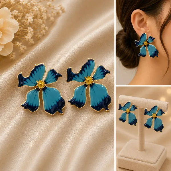 Elegant_Blue_Butterfly_Flower_Stud_Earrings_For_Women_Dual_Tone_Enamel_Floral_Design_With_Gold_Tone_Detailing_Trendy_Fashion_Jewellery_For_Party_Office_Festive_And_Daily_Wear