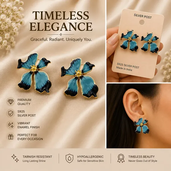 Elegant_Blue_Butterfly_Flower_Stud_Earrings_For_Women_Dual_Tone_Enamel_Floral_Design_With_Gold_Tone_Detailing_Trendy_Fashion_Jewellery_For_Party_Office_Festive_And_Daily_Wear