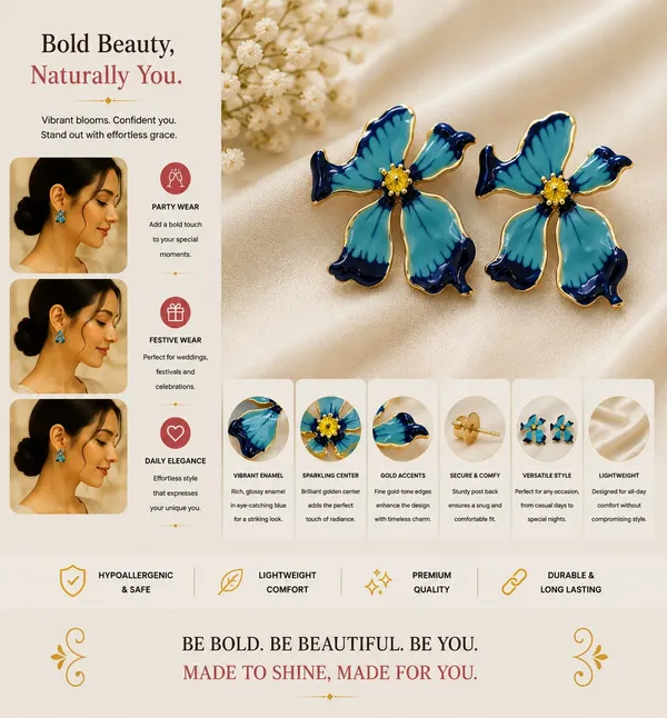 Elegant_Blue_Butterfly_Flower_Stud_Earrings_For_Women_Dual_Tone_Enamel_Floral_Design_With_Gold_Tone_Detailing_Trendy_Fashion_Jewellery_For_Party_Office_Festive_And_Daily_Wear