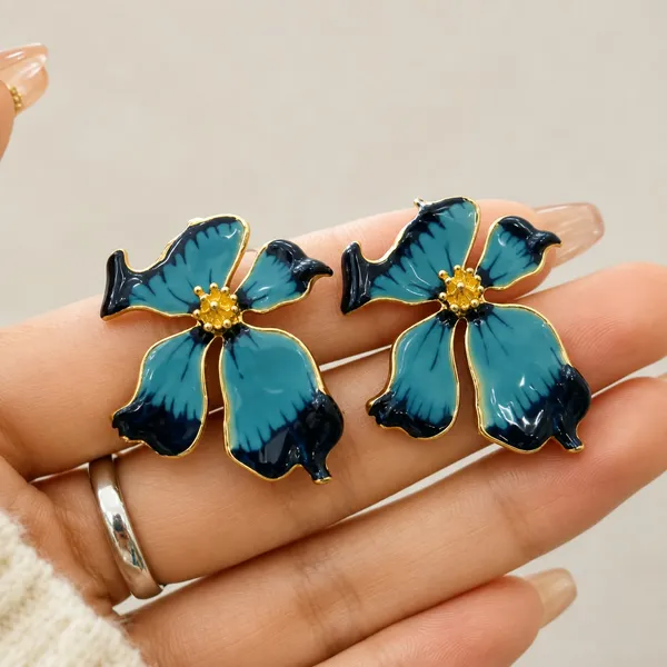 Elegant_Blue_Butterfly_Flower_Stud_Earrings_For_Women_Dual_Tone_Enamel_Floral_Design_With_Gold_Tone_Detailing_Trendy_Fashion_Jewellery_For_Party_Office_Festive_And_Daily_Wear