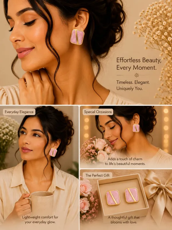 Pink_Enamel_Geometric_Stud_Earrings_For_Women_Gold_Tone_Square_Design_Elegant_Trendy_Fashion_Jewellery_For_Casual_Office_Party_And_Festive_Wear