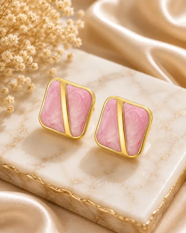 Pink_Enamel_Geometric_Stud_Earrings_For_Women_Gold_Tone_Square_Design_Elegant_Trendy_Fashion_Jewellery_For_Casual_Office_Party_And_Festive_Wear
