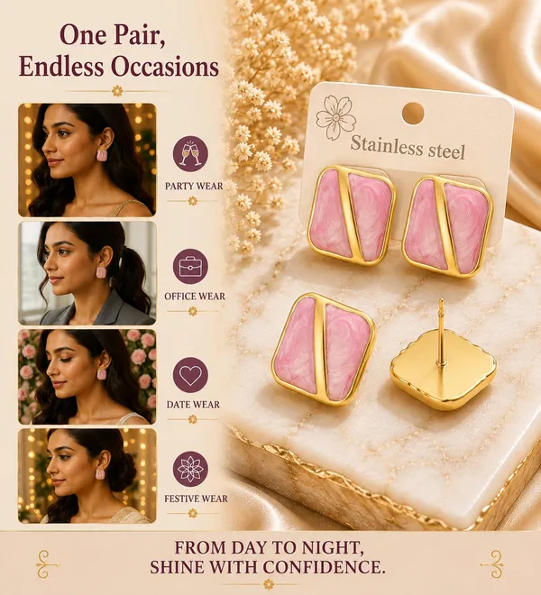 Pink_Enamel_Geometric_Stud_Earrings_For_Women_Gold_Tone_Square_Design_Elegant_Trendy_Fashion_Jewellery_For_Casual_Office_Party_And_Festive_Wear