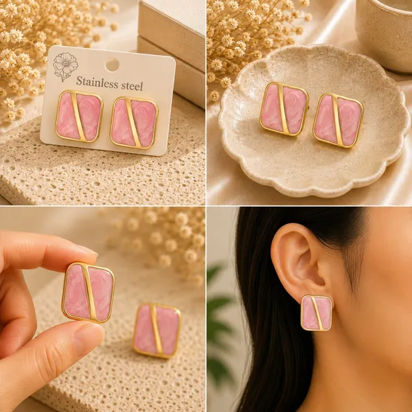 Pink_Enamel_Geometric_Stud_Earrings_For_Women_Gold_Tone_Square_Design_Elegant_Trendy_Fashion_Jewellery_For_Casual_Office_Party_And_Festive_Wear