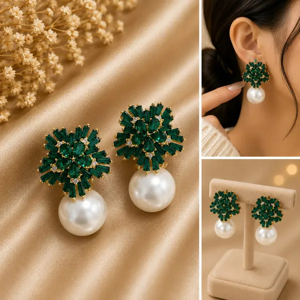 Elegant_Green_Crystal_Pearl_Drop_Earrings_For_Women_Sparkling_Emerald_Green_Floral_Stud_Design_With_Rhinestone_Detailing_And_Large_Pearl_Drops_Trendy_Statement_Fashion_Jewellery_For_Party_Wedding_And_Festive_Wear