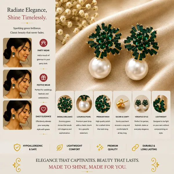 Elegant_Green_Crystal_Pearl_Drop_Earrings_For_Women_Sparkling_Emerald_Green_Floral_Stud_Design_With_Rhinestone_Detailing_And_Large_Pearl_Drops_Trendy_Statement_Fashion_Jewellery_For_Party_Wedding_And_Festive_Wear