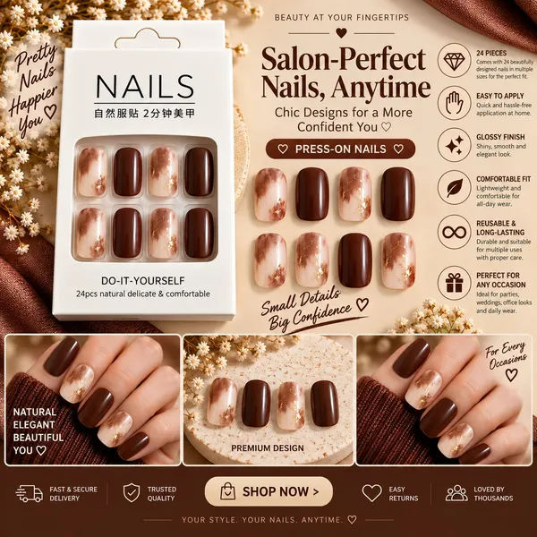 24_Pcs_Brown_Marble_Press_On_Nails_For_Women_Nude_Coffee_Brown_Marble_Design_With_Gold_Foil_Accents_Elegant_Glossy_Artificial_Nails_For_Diy_Manicure