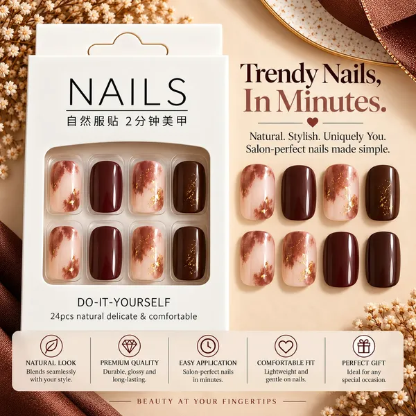 24_Pcs_Brown_Marble_Press_On_Nails_For_Women_Nude_Coffee_Brown_Marble_Design_With_Gold_Foil_Accents_Elegant_Glossy_Artificial_Nails_For_Diy_Manicure