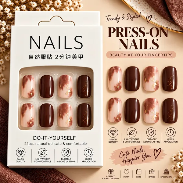 24_Pcs_Brown_Marble_Press_On_Nails_For_Women_Nude_Coffee_Brown_Marble_Design_With_Gold_Foil_Accents_Elegant_Glossy_Artificial_Nails_For_Diy_Manicure